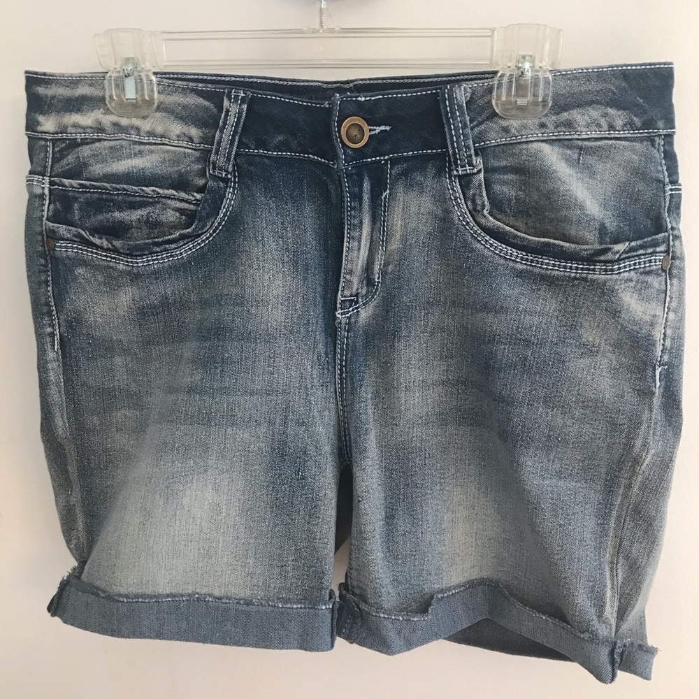 Washed Blue Denim Cuffed Jean Shorts